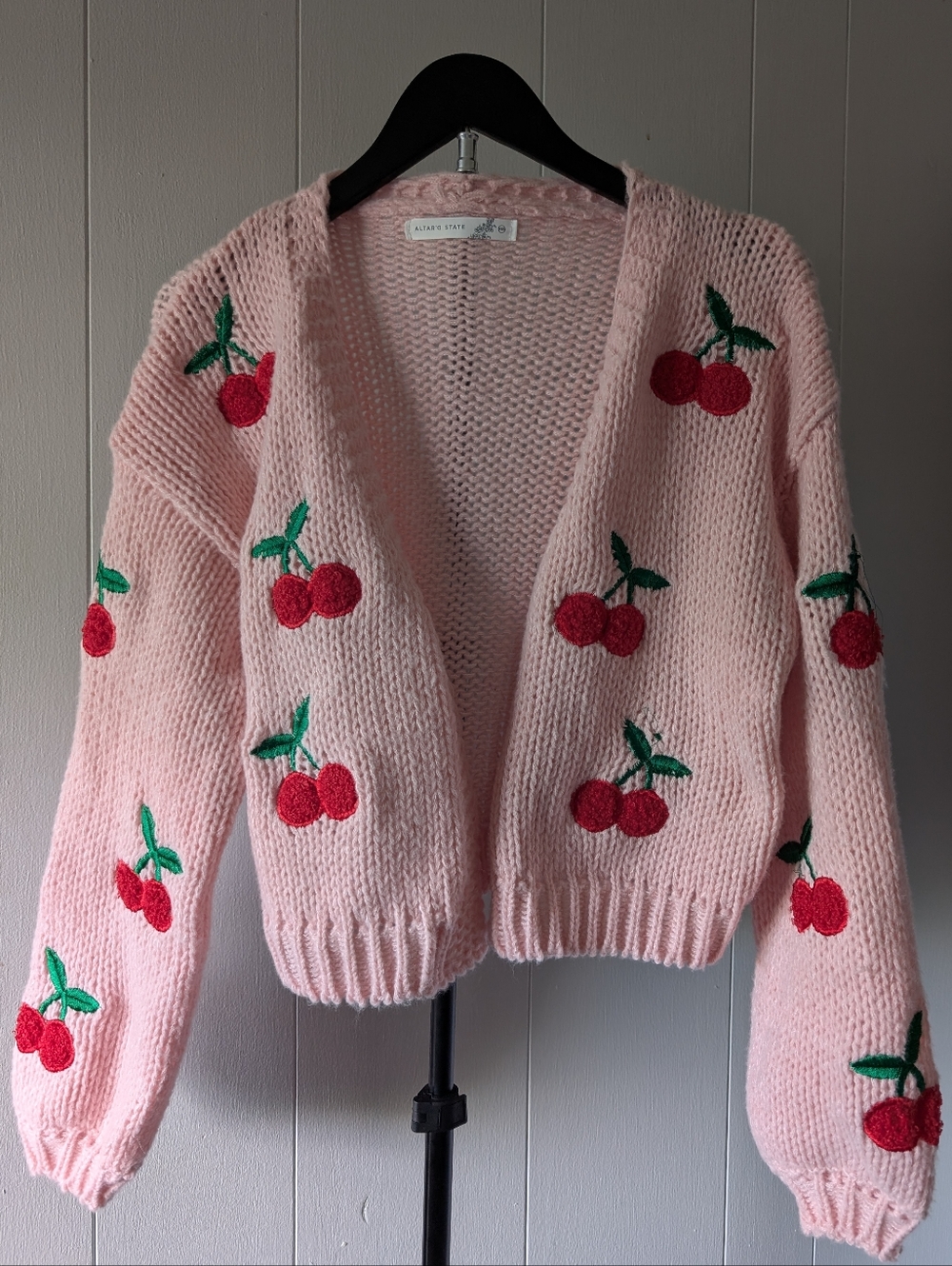 Altar'd State Pink Cardigan with Red Cherry Embroidery